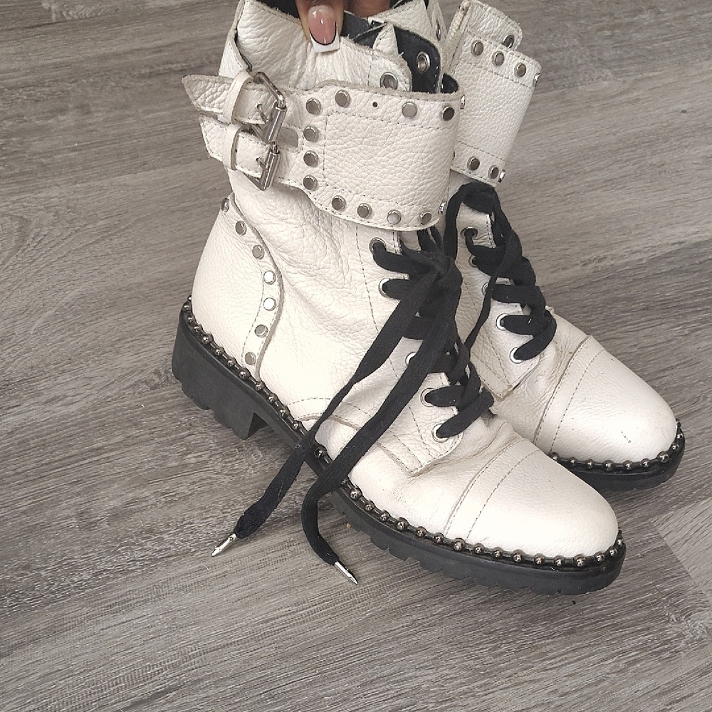 Studded White Leather Ankle Boots